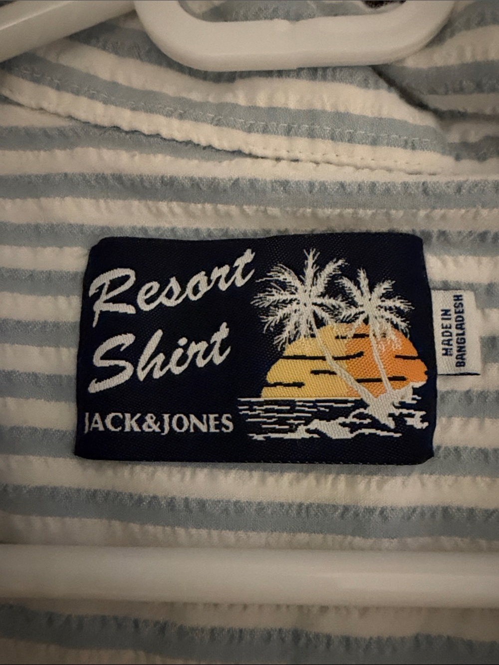 Jack & Jones Blue and White Striped Resort Shirt with Sunset Patch